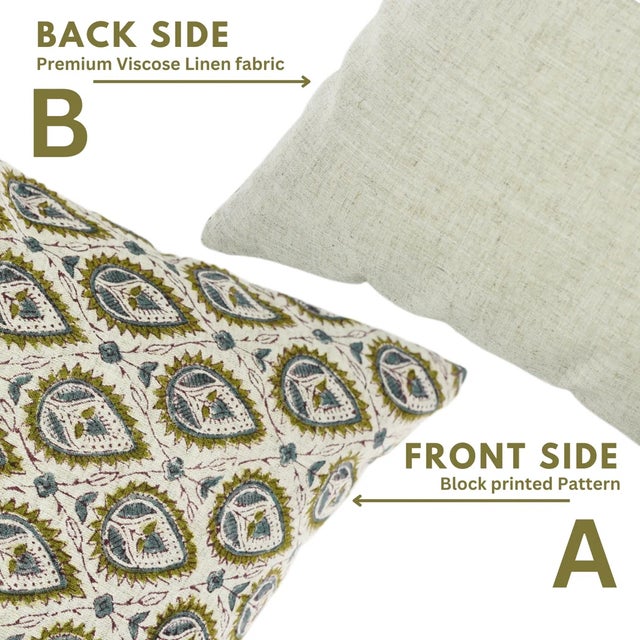 Fabdivine Handcrafted Block Print Cushion Cover 16x16 Inch Viscose Linen-Pan Patti For Sale - Image 4 of 5