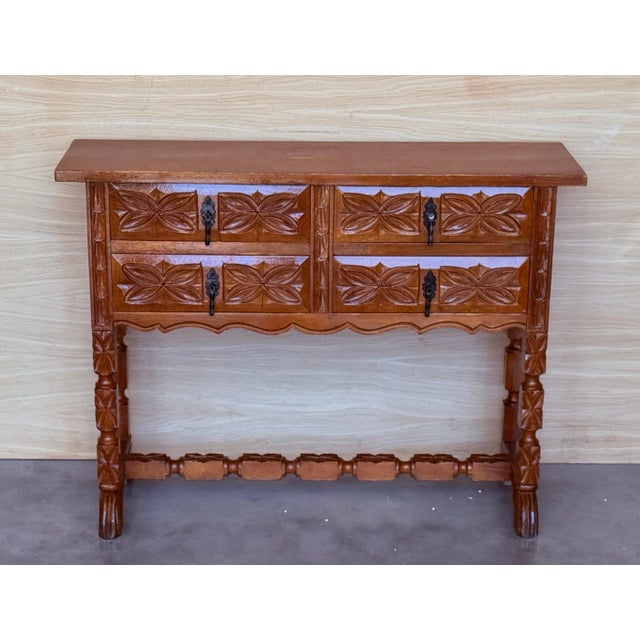 19th Century Catalan Spanish Carved Walnut Console Sofa Table, Four Drawers For Sale - Image 18 of 18