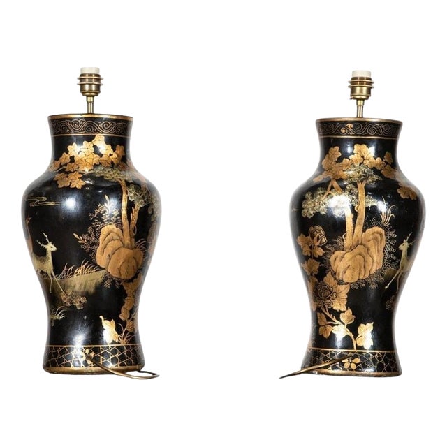 Large English Chinoiserie Papier-Mâché Table Lamps, 1950, Set of 2 For Sale