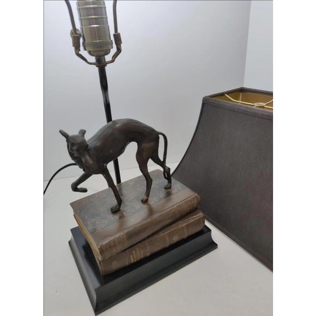 Vintage 1980s Bronze Whippet / Greyhound Dog Standing on Stacked Books Lamp For Sale - Image 10 of 12