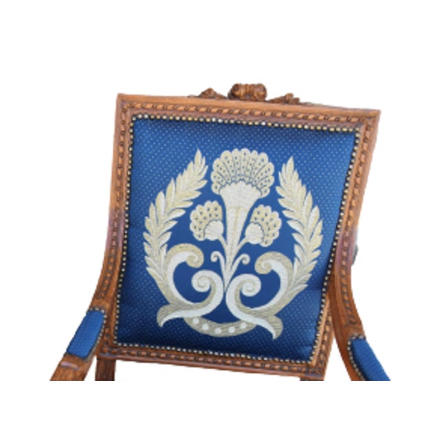 Antique Carved Oak Armchairs Upholstered in French Blue Silk Fabric W/ Gold & Silver Thread Accenting - Pair For Sale - Image 4 of 13