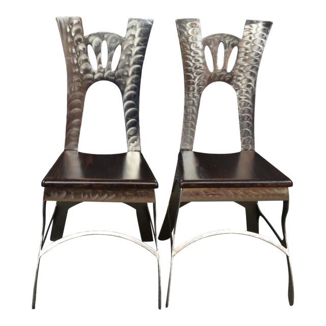 Fanciful Bohemian Style Accent Chrome and Oak Chairs - a Pair For Sale
