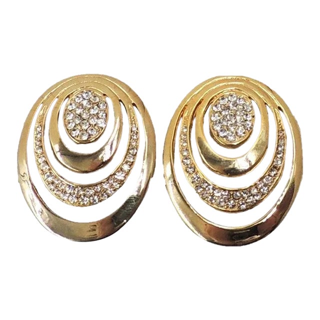 1984 Vintage Mimi di N Oval Rhinestone Clip Earrings- 2 Pieces For Sale