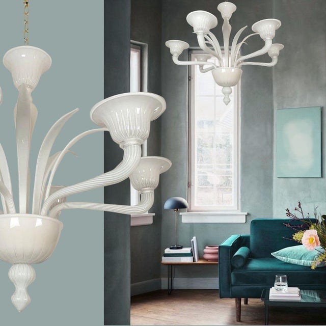 Large Mid Century Modern white Murano glass chandelier, attributed to Venini, Italy 1970s. The neoclassical style...