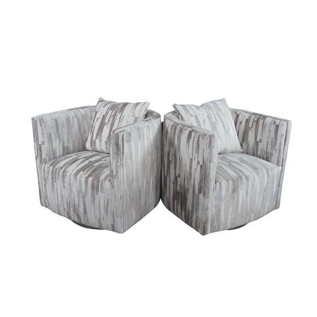 Mid-Century Modern 2 Late 20th Century Artistica Modern Grey Chenille Jacquard Fabric Ingrid Swivel Chairs II Pair For Sale - Image 3 of 18