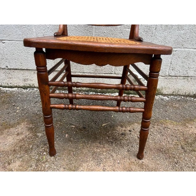 Early 20th Century Set of 8 Antique Oak Press Back Cane Seat Dining Chairs For Sale - Image 9 of 13