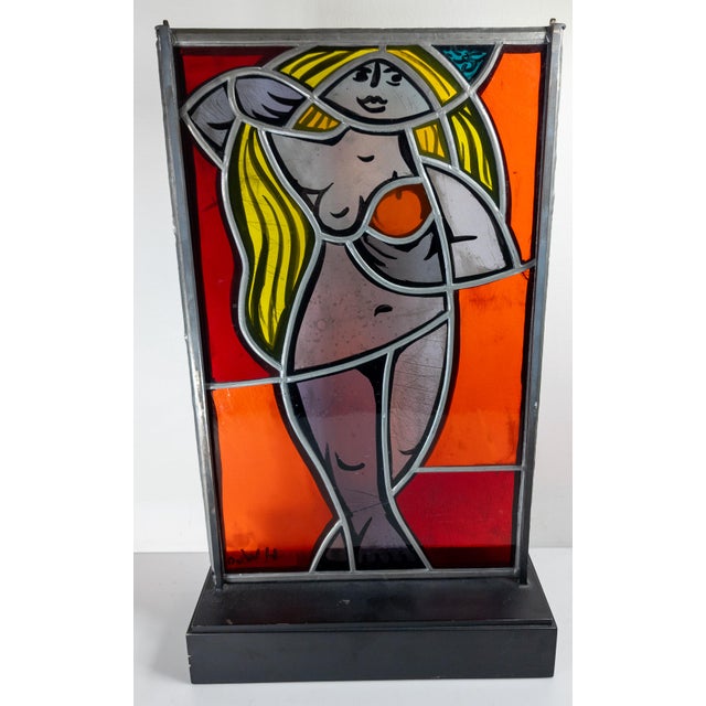 1960's Mid-Century Stained Glass Window Panel of a Figure, Signed For Sale - Image 12 of 16