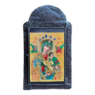 Mexican Devotional Nicho With Black Arched Pressed Tin Frame For Sale