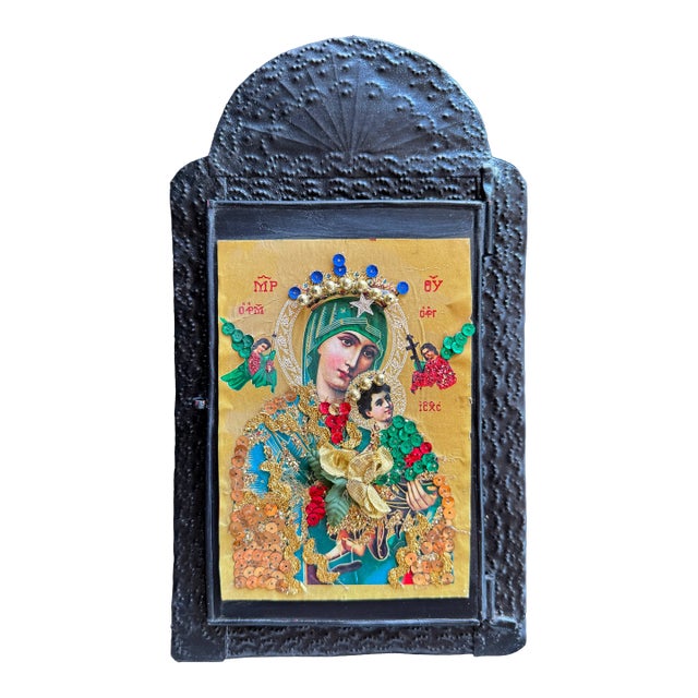 Mexican Devotional Nicho With Black Arched Pressed Tin Frame For Sale
