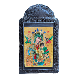 Mexican Devotional Nicho With Black Arched Pressed Tin Frame