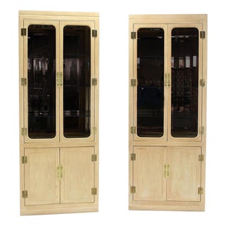 Pair John Stuart White Wash Beveled Glass MidCentury Modern Tall Display Cabinet For Sale