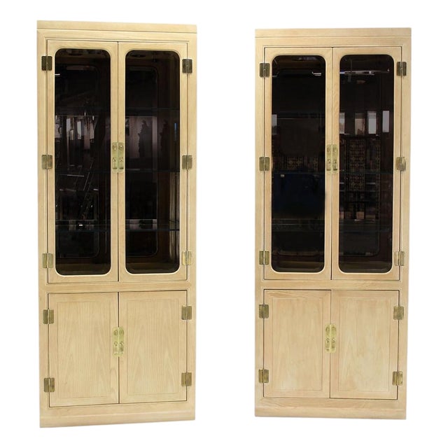 Pair John Stuart White Wash Beveled Glass MidCentury Modern Tall Display Cabinet For Sale