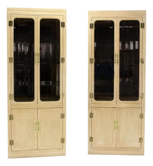 Pair John Stuart White Wash Beveled Glass MidCentury Modern Tall Display Cabinet