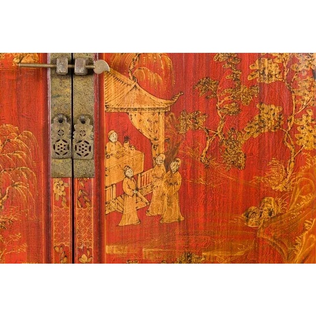 19th Century Large Chinese Qing Dynasty Red Lacquer Armoire with Gilt Décor For Sale - Image 9 of 13