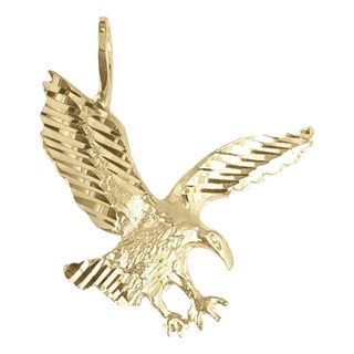 Flying Eagle with Diamond Cuts Charm Necklace 14k Yellow Gold 16" For Sale