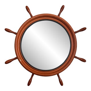 Vintage 1950s Solid Maple Nautical Ship's Wheel Wall Mirror | Large Maritime Coastal Decor | American Made For Sale
