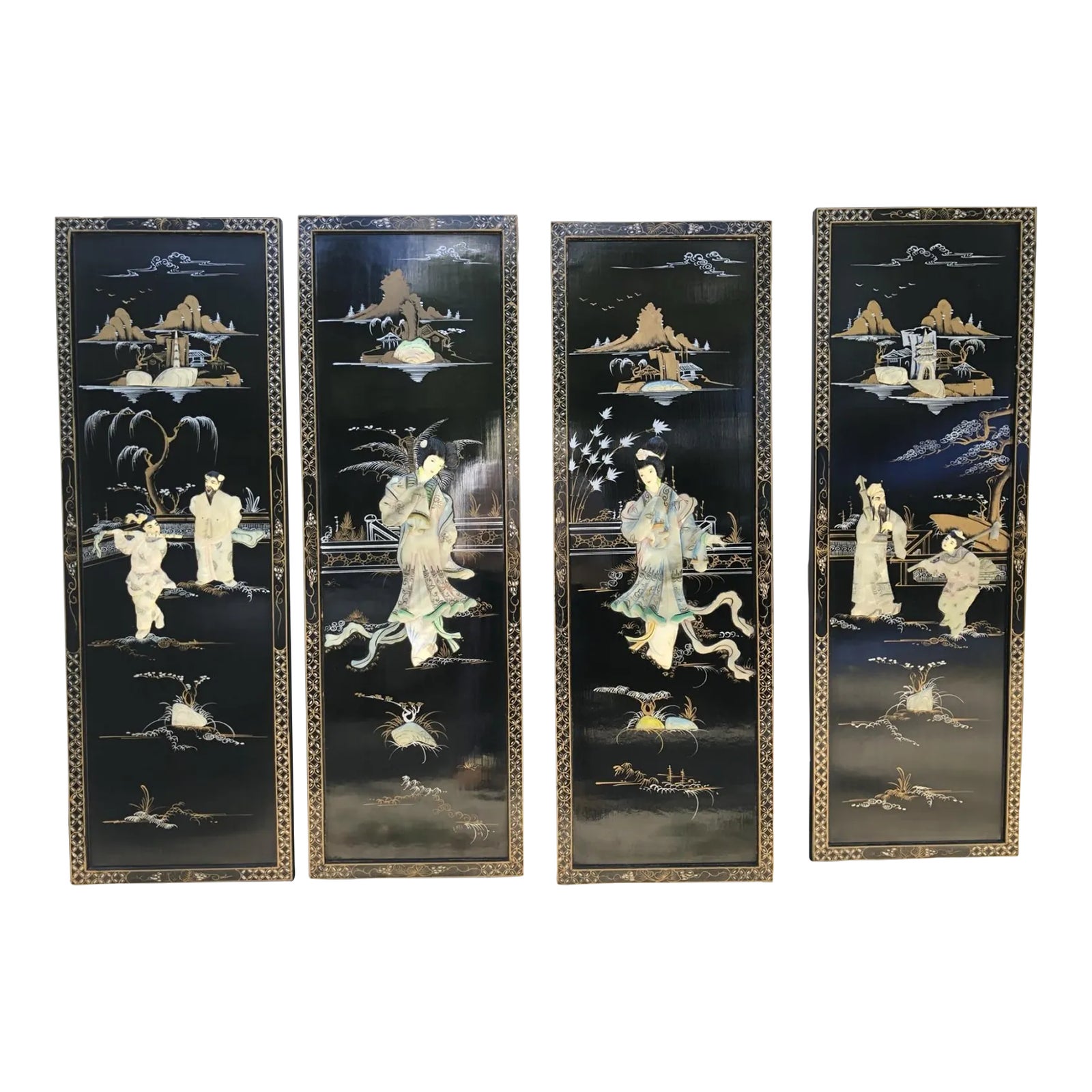 Vintage 4-Panel Wall Mounted Inlaid Japanese Coromandel Wall Hangings ...