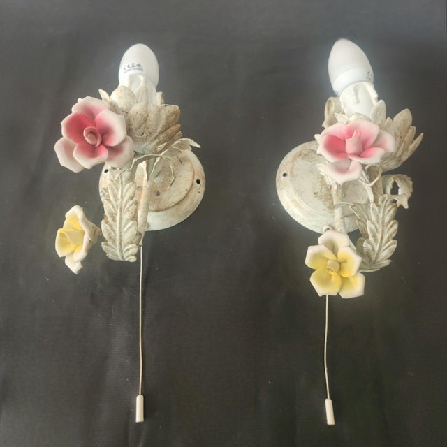 Metal Vintage Wall Lamp with Floral Porcelain Elements, 1960s, Set of 2 For Sale - Image 7 of 18
