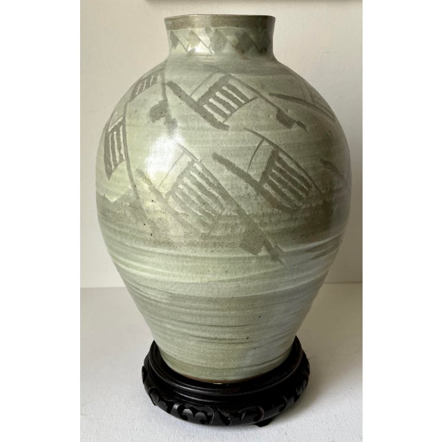 Large Chinoiserie Celadon Vase-Rosewood Pedestal Stand For Sale - Image 4 of 4