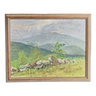 Early Oil Landscape Painting - American - New Hampshire - Mount Monadnock Rising Above a Stone Wall For Sale