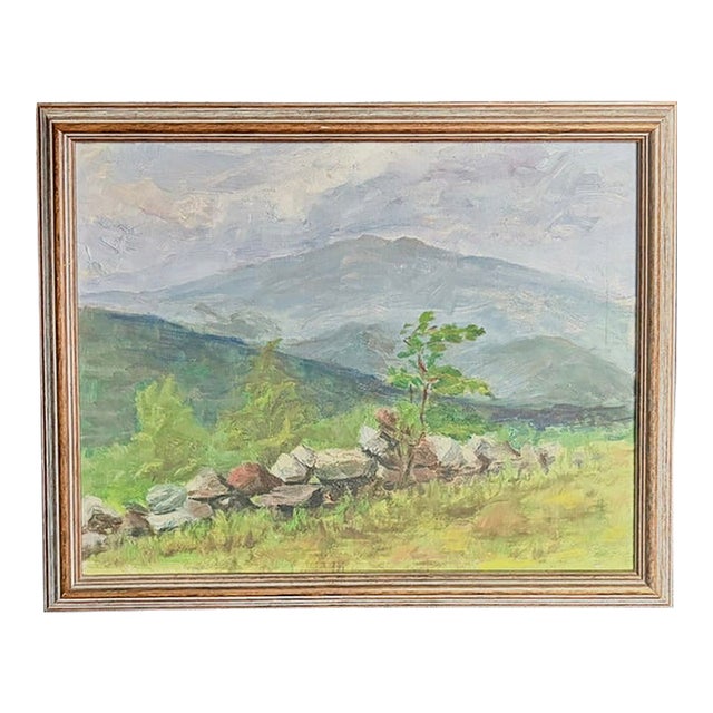 Early Oil Landscape Painting - American - New Hampshire - Mount Monadnock Rising Above a Stone Wall For Sale