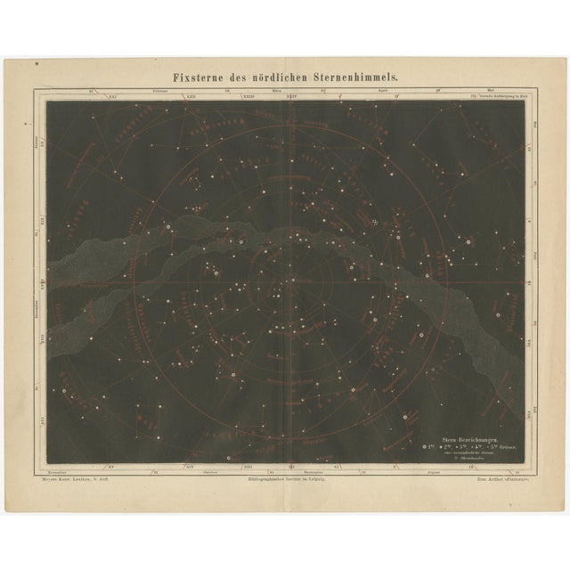 Antique Star Chart Northern Hemisphere Fixsterne from Meyers Leipzig, 1900s For Sale