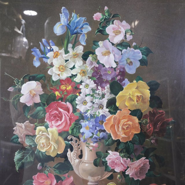 Traditional Vintage Floral Still Life Painting With Iris Roses and Camellias in Ornate Gold Frame For Sale - Image 3 of 11