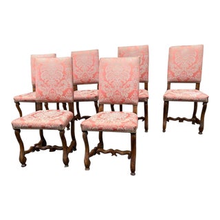 Early 20th Century Set of 6 Flemish Style Walnut Carved Rose Upholstered Dining Chairs For Sale