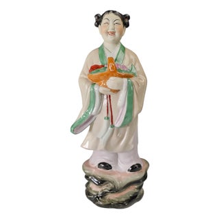 Vintage Chinese Hand-Painted Porcelain Laughing Lady With Fruit Basket, 16 Inch For Sale