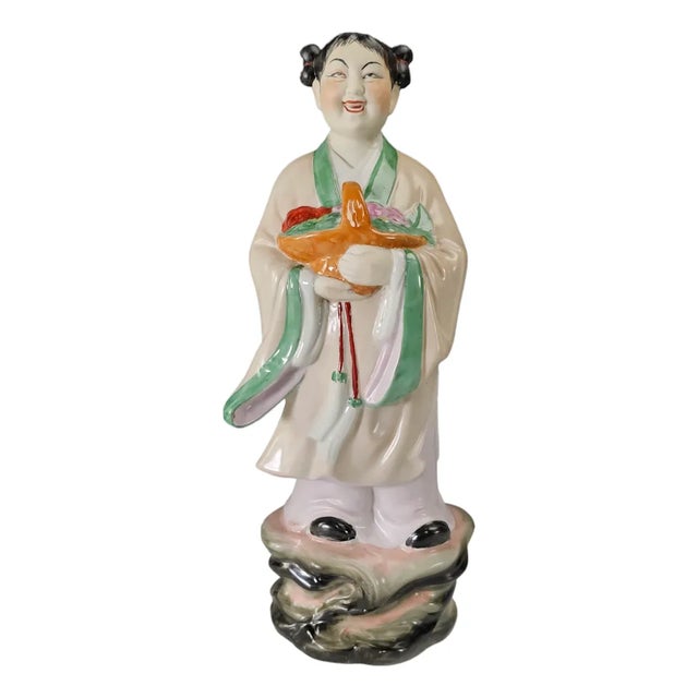 Vintage Chinese Hand-Painted Porcelain Laughing Lady With Fruit Basket, 16 Inch For Sale