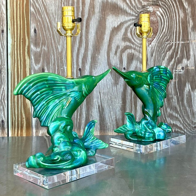 Bottle Green Vintage Coastal Royal Haeger Sailfish Lamps - a Pair For Sale - Image 8 of 8