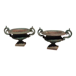 Antique Cast Iron Neoclassical Planters With Green Patina - Set of 2 For Sale