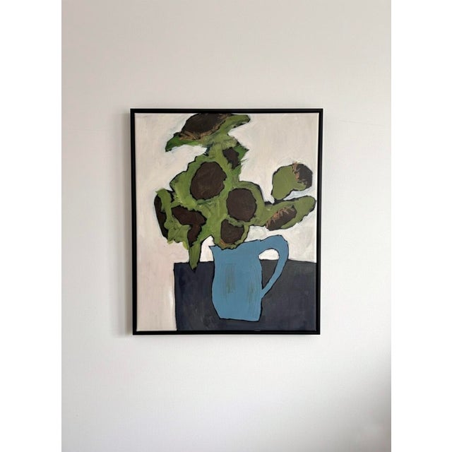 Original Abstract Still Life Acrylic Painting on Canvas, Minimalist Sunflowers in Blue Vase Wall Art, Modern Floral Fine Art For Sale - Image 4 of 5