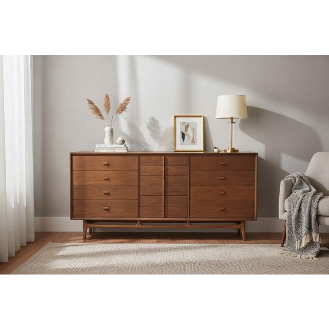 This striking restored Mid-Century Modern walnut chest of drawers / long dresser showcases clean lines, refined...