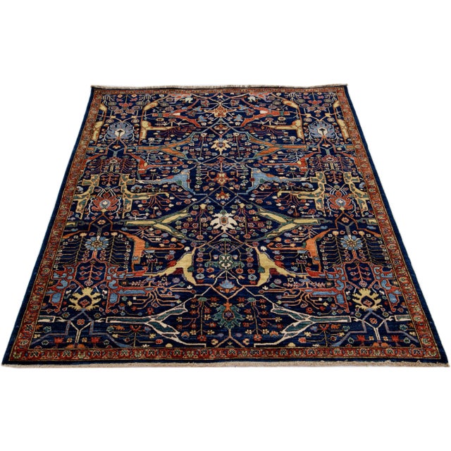 Modern Navy Blue Modern Bidjar Style Handmade Allover Pattern Wool Rug For Sale - Image 3 of 7
