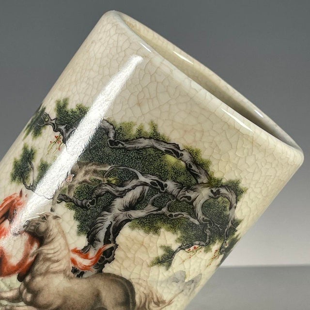 Chinese Crackle Glaze Porcelain Brush Pot With Horse & Pine Motif For Sale - Image 3 of 9