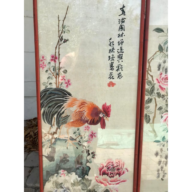 Early 20th Century Pair of Vintage Early 20th Century Chinese Silk Embroidery of Birds With Flowers Framed on Painted Bamboo For Sale - Image 5 of 12