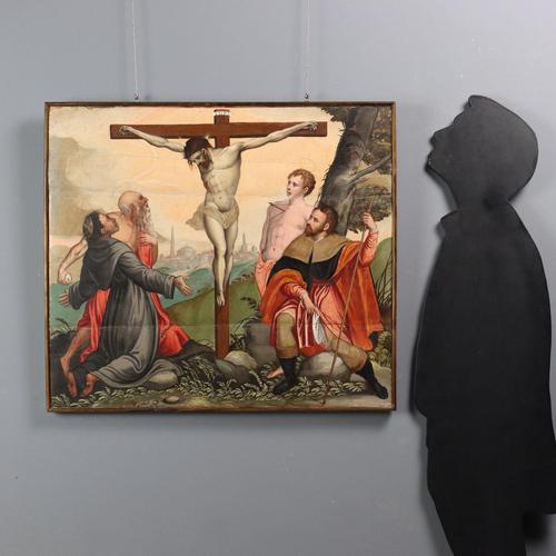Oil on panel. Venetian school, mid-16th century. The crucified Christ at the center of the scene is surrounded by four...