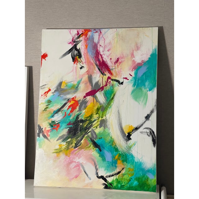4 ft by 3 ft Large abstract modern vibrant painting on canvas, signed verso by the artist.