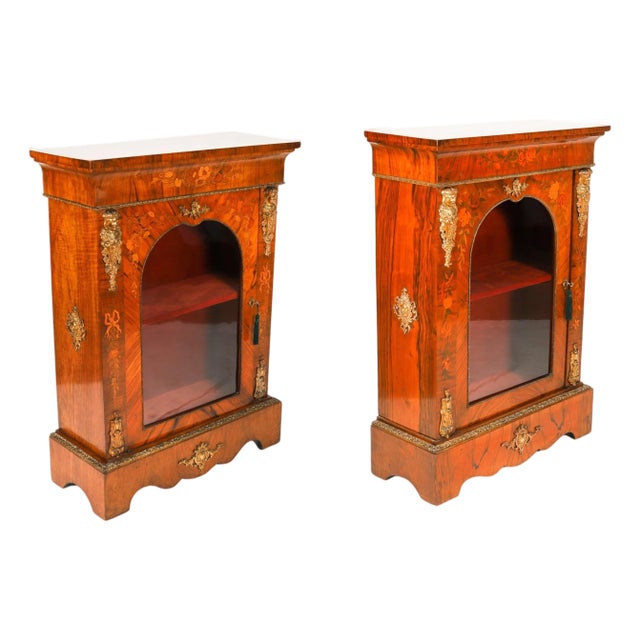 Antique Victorian Walnut Marquetry Cabinets, 1800s, Set of 2 For Sale