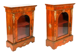 Antique Victorian Walnut Marquetry Cabinets, 1800s, Set of 2