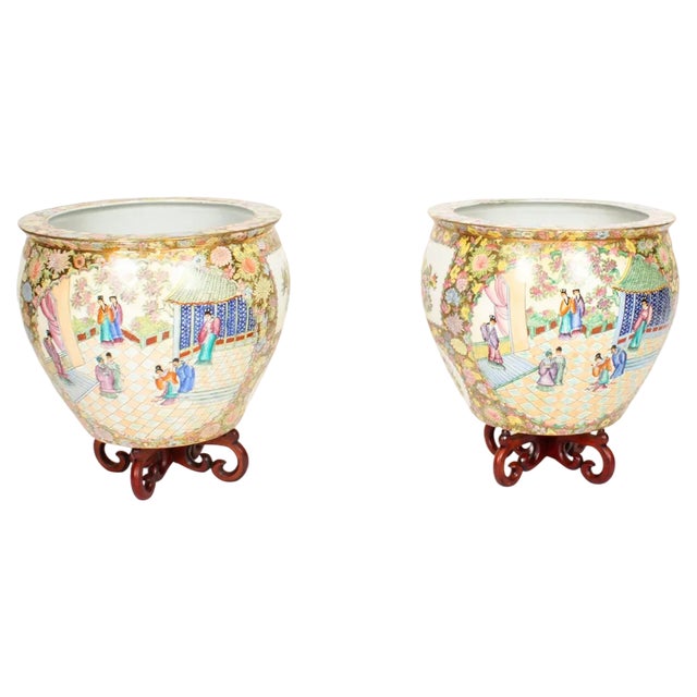 Qing Dynasty Canton Famille Rose Vases on Stands, China, 1950s, Set of 2 For Sale