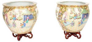Qing Dynasty Canton Famille Rose Vases on Stands, China, 1950s, Set of 2