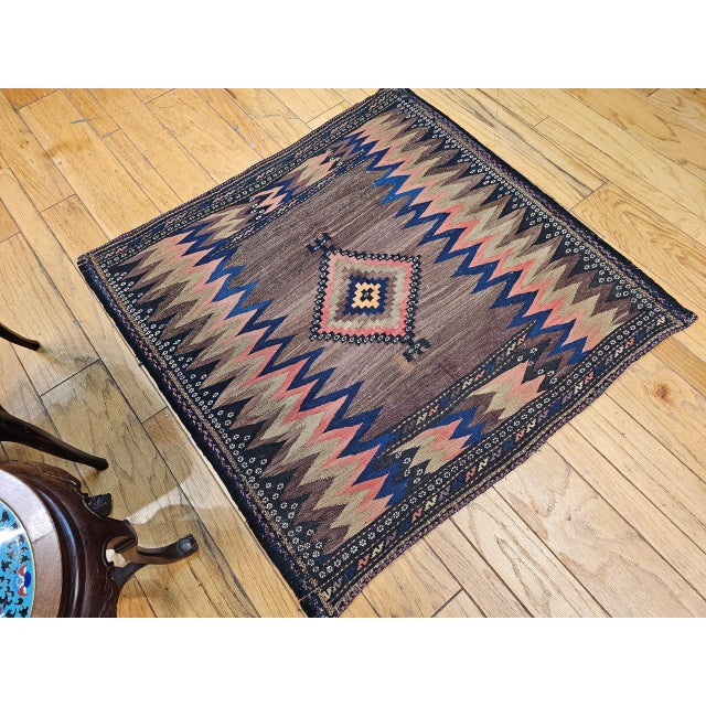 Antique Persian Qashqai Tribal Sofreh Kilim Rug, Handwoven Wool, Geometric Pattern, Brown, 4x4 For Sale - Image 4 of 13