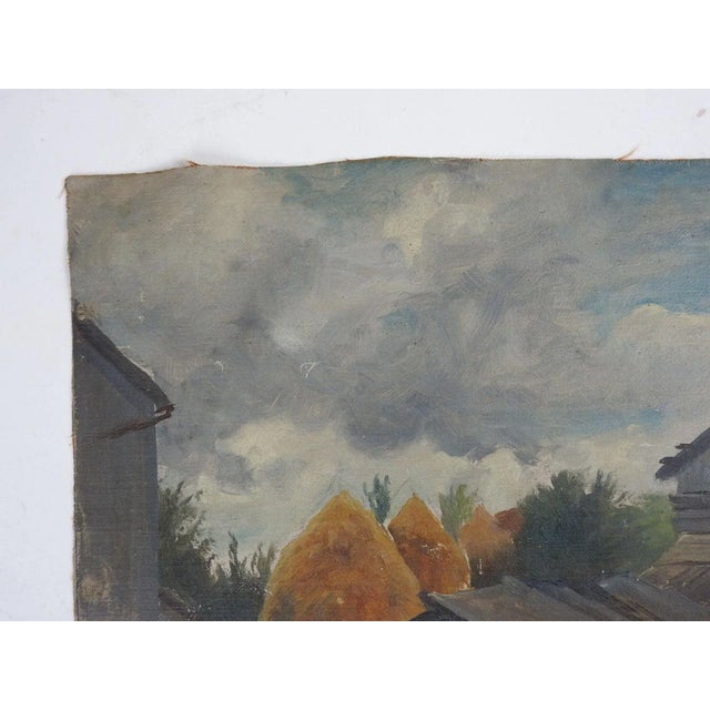 Vintage early 20th century European rustic farm painting oil on canvas. Unsigned. Unframed, not on stretchers a flat...