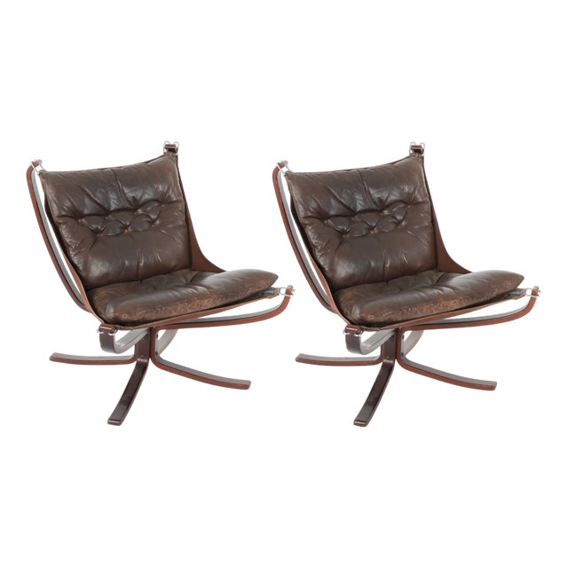 Vintage Falcon Chairs in Brown Leather and Plywood by Sigurd Ressell for Vatne Møbler, 1970s, Set of 2 For Sale