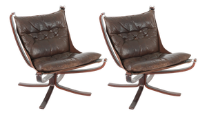 Vintage Falcon Chairs in Brown Leather and Plywood by Sigurd Ressell for Vatne Møbler, 1970s, Set of 2