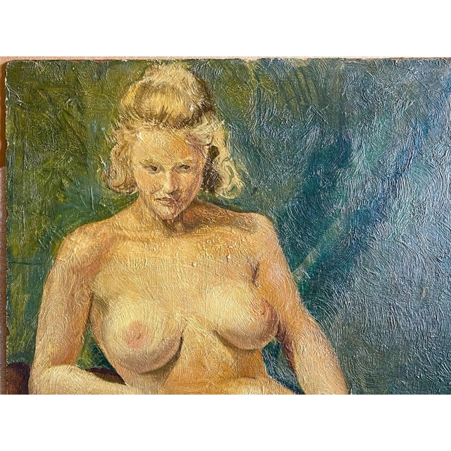 Vintage Mid Century Modern SEATED NUDE GLAMOUR 2 SIDED Oil Painting Reverse MCM For Sale - Image 4 of 12