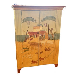 Habersham Cabinet, 1990, a Two-Door TV/entertainment Cabiinet With a Hand Painted Noah's Ark Folk-Art Scene For Sale