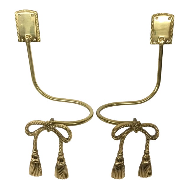 Pair of Vintage Brass Tassel Design Curtain Tieback Brackets For Sale